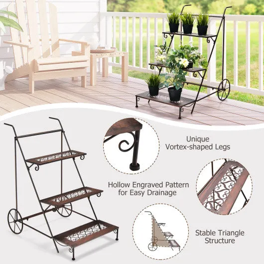 3-Tier Metal Plant Stand with Wheels and Handle for Balcony