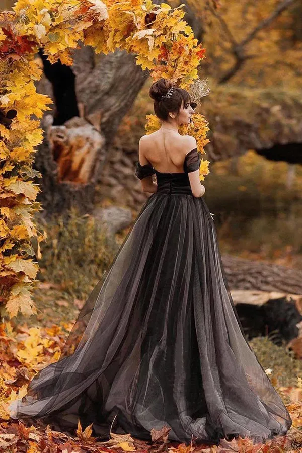 A-line Off Shoulder Simple Black Forest Wedding Dresses WD690