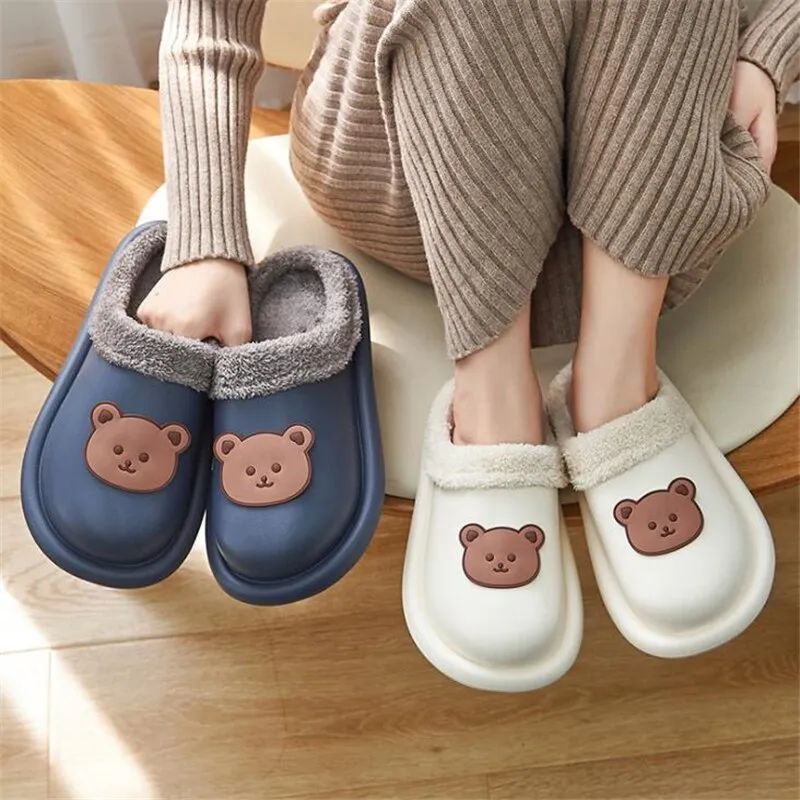 Advbridge Cartoon Bear Winter Slippers Warm Women Shoes Waterproof Non-Slip Female Home Slippers Couples Indoor Outdoor Cotton Shoes