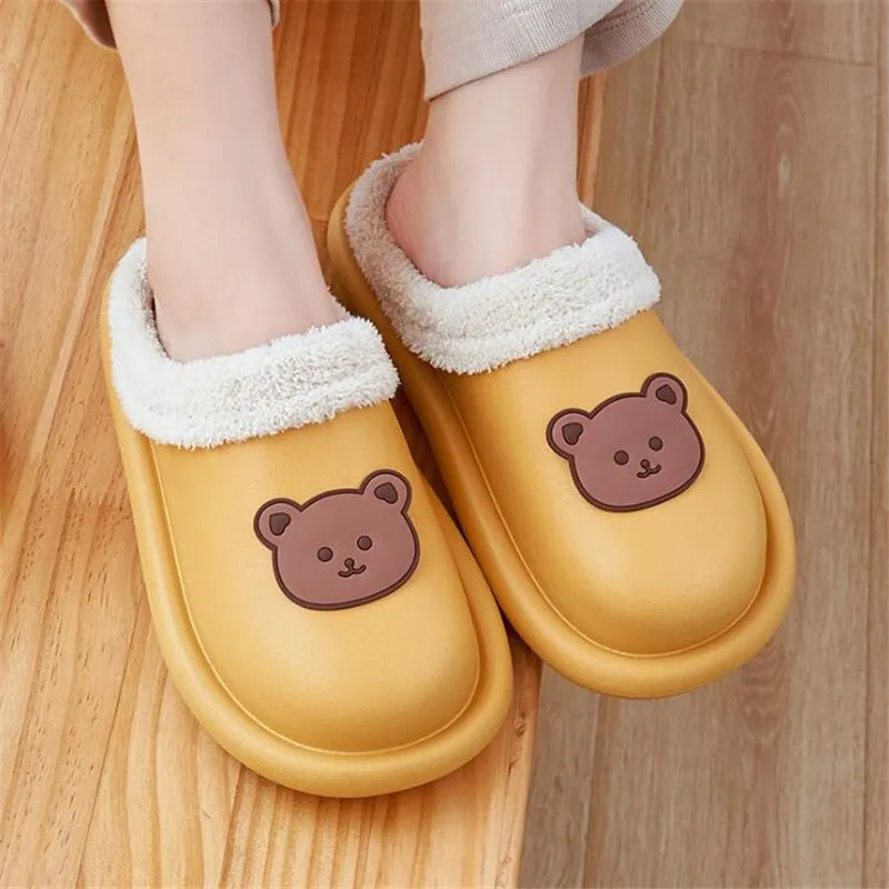 Advbridge Cartoon Bear Winter Slippers Warm Women Shoes Waterproof Non-Slip Female Home Slippers Couples Indoor Outdoor Cotton Shoes