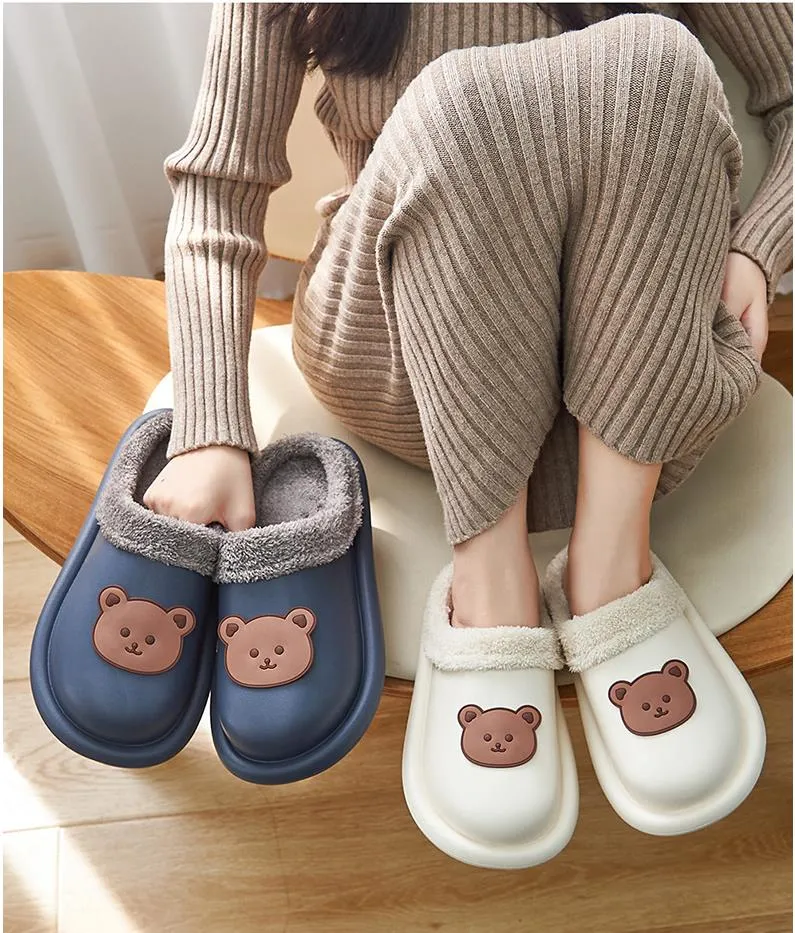 Advbridge Cartoon Bear Winter Slippers Warm Women Shoes Waterproof Non-Slip Female Home Slippers Couples Indoor Outdoor Cotton Shoes