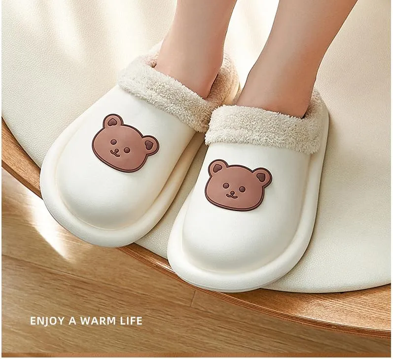 Advbridge Cartoon Bear Winter Slippers Warm Women Shoes Waterproof Non-Slip Female Home Slippers Couples Indoor Outdoor Cotton Shoes