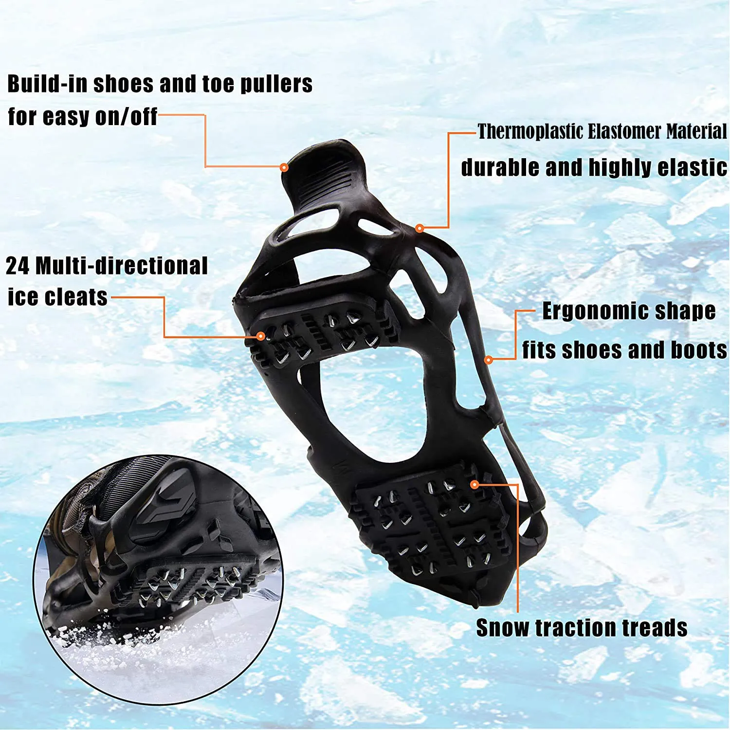 AGOOL Ice Cleats Snow Traction Cleats Crampon for Walking on Snow and Ice Non-Slip Overshoe Rubber Anti Slip Crampons Slip-on Stretch Footwear 24 Steel with Velcro Strap Medium(5.5-7 men/7-8.5 women)