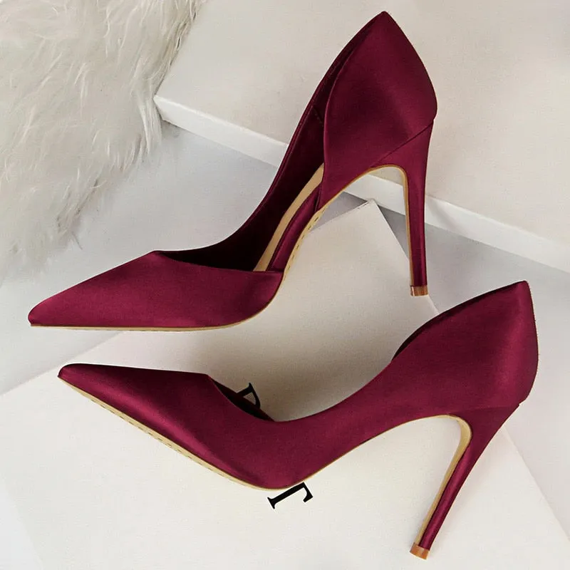 Amozae-Women 9.5cm High Heels Blue Pumps Satin Escarpins Luxury Stiletto Lady Shoes High Heels Scarpins Burgundy Green Prom Shoes