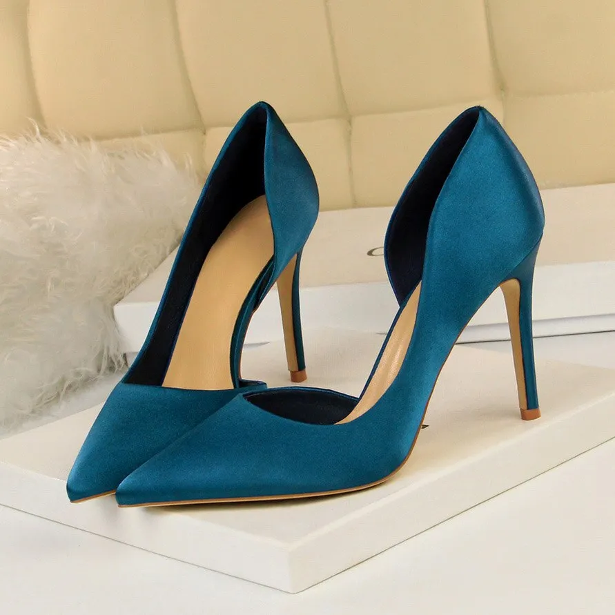 Amozae-Women 9.5cm High Heels Blue Pumps Satin Escarpins Luxury Stiletto Lady Shoes High Heels Scarpins Burgundy Green Prom Shoes