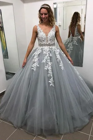 Ball Gown Grey V Neck Long Prom Dresses Tulle Evening Dresses PG847