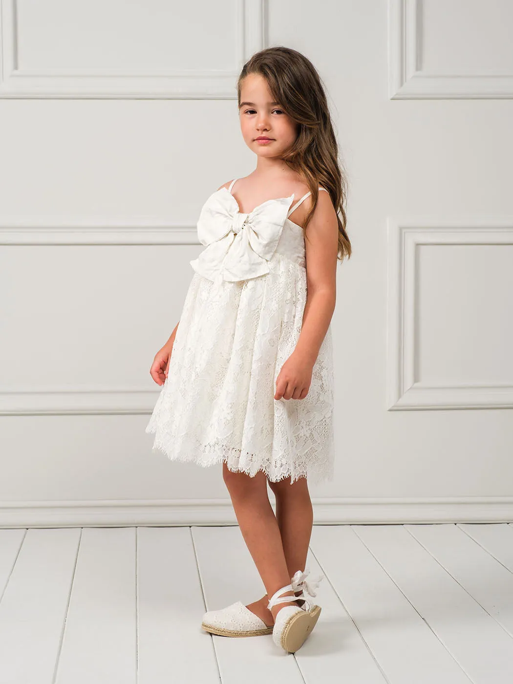 Baptism Lace Dress with silk Bow-ALAINA