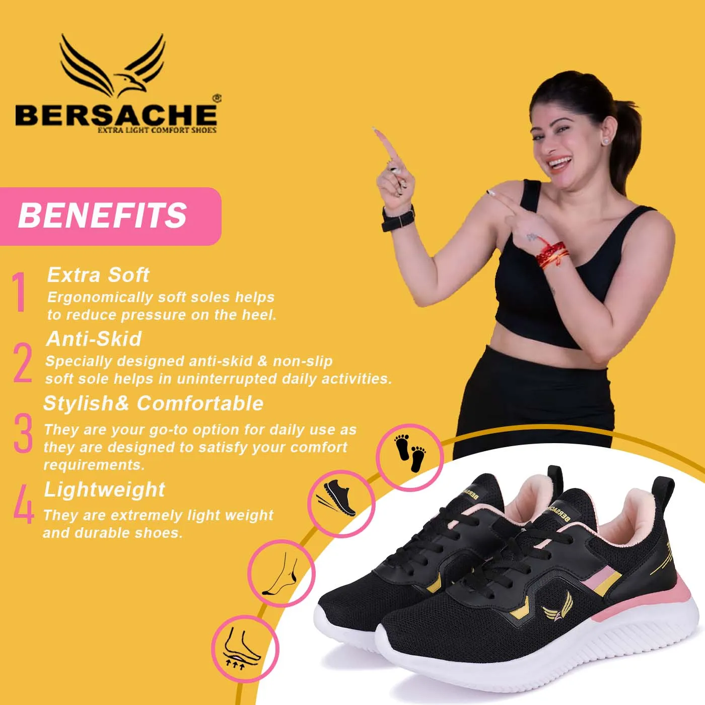 Bersache Premium Sports ,Gym, Trending Stylish Running shoes for Women (8027-Black)