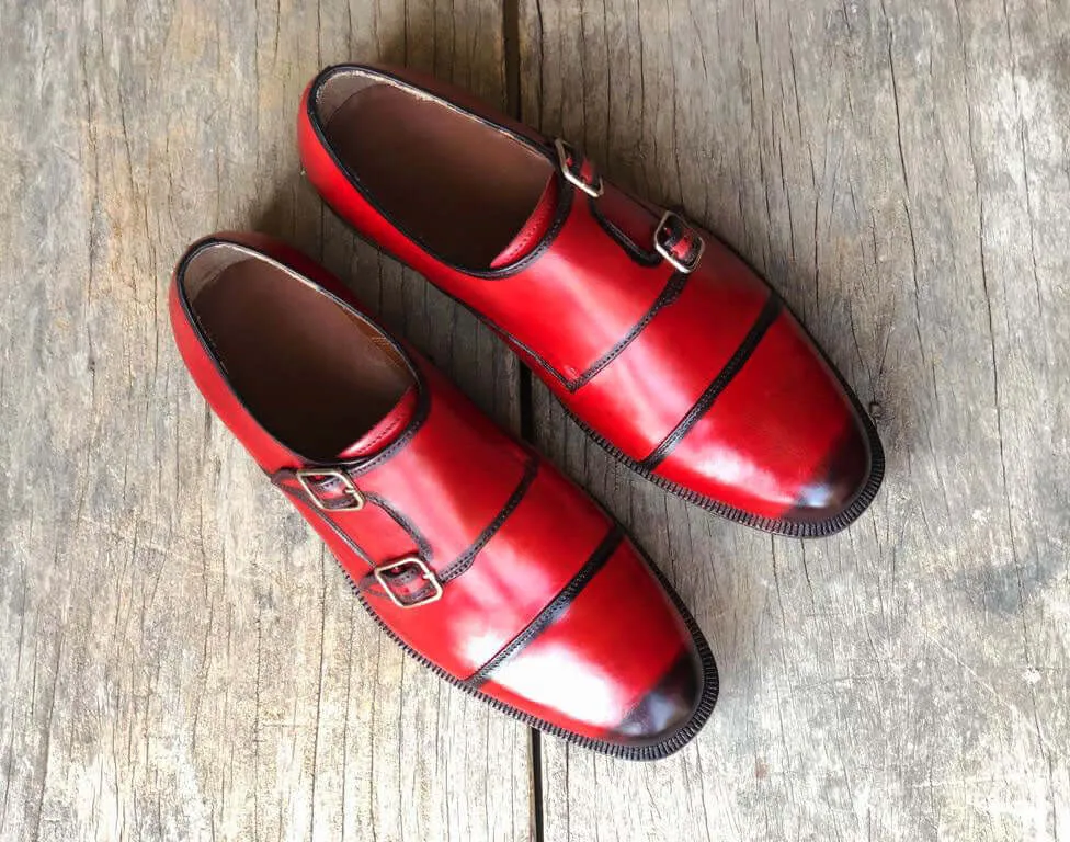 Bespoke Red Leather Double Monk Strap Shoes for Men's