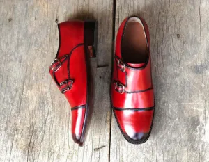 Bespoke Red Leather Double Monk Strap Shoes for Men's