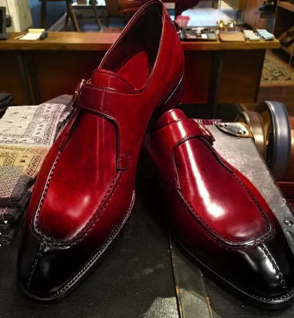 Bespoke Two Tone Leather Split Toe Monk Strap Shoe for Men