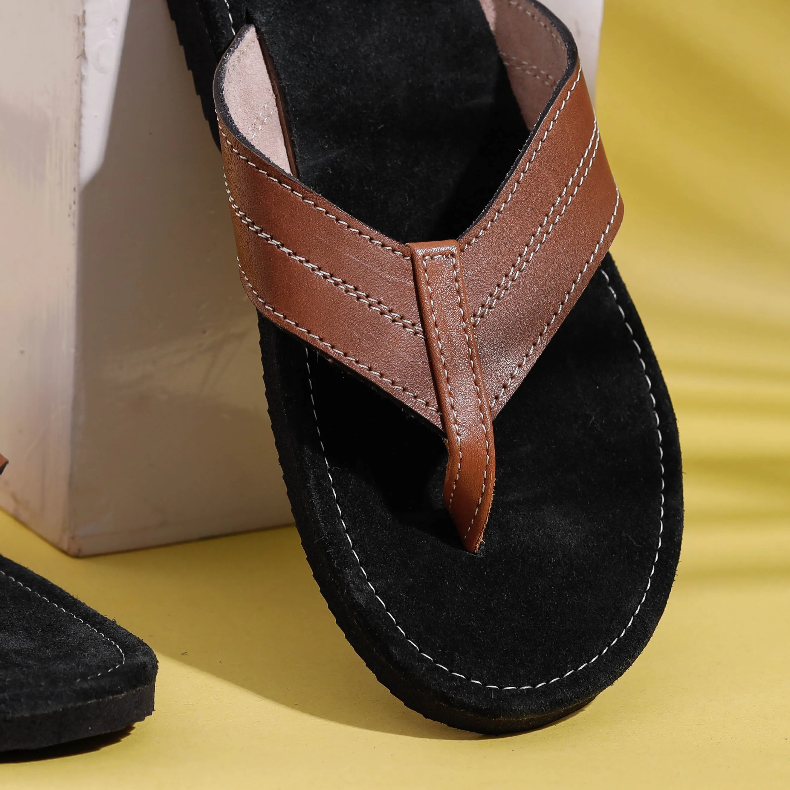 Black & Brown Handcrafted Men's Leather Slippers with Suede