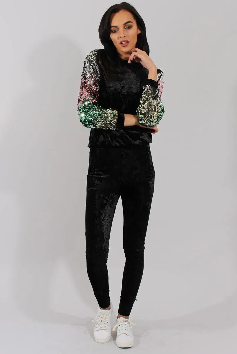 Black Crushed Velvet Sequined Tracksuit - Rosita