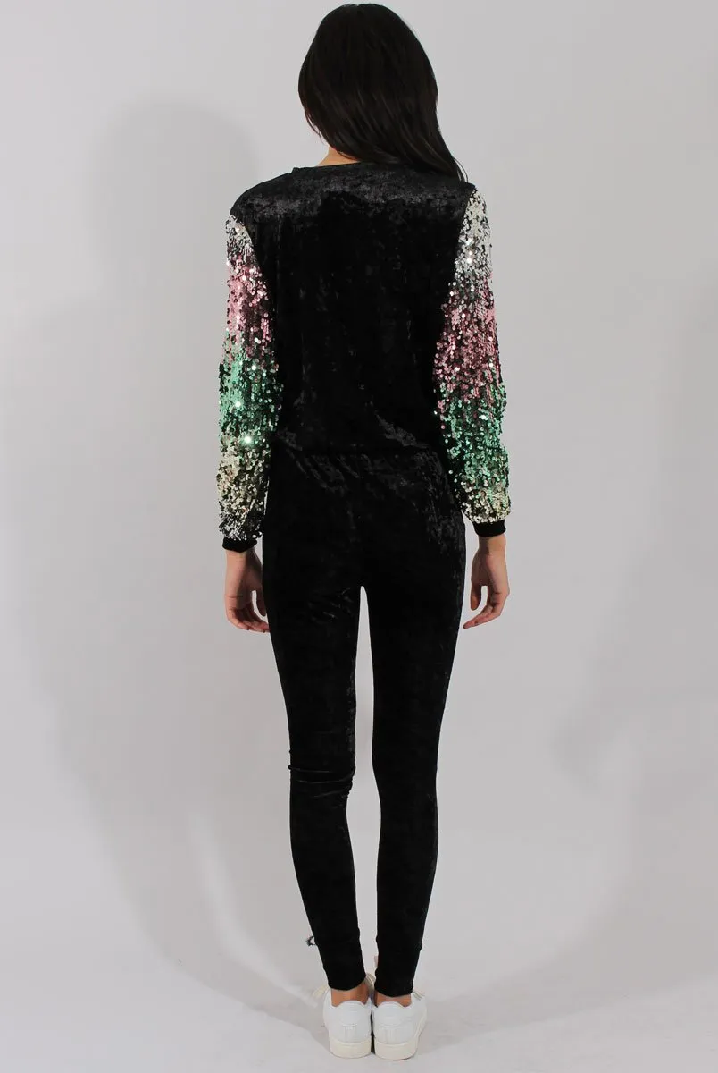 Black Crushed Velvet Sequined Tracksuit - Rosita