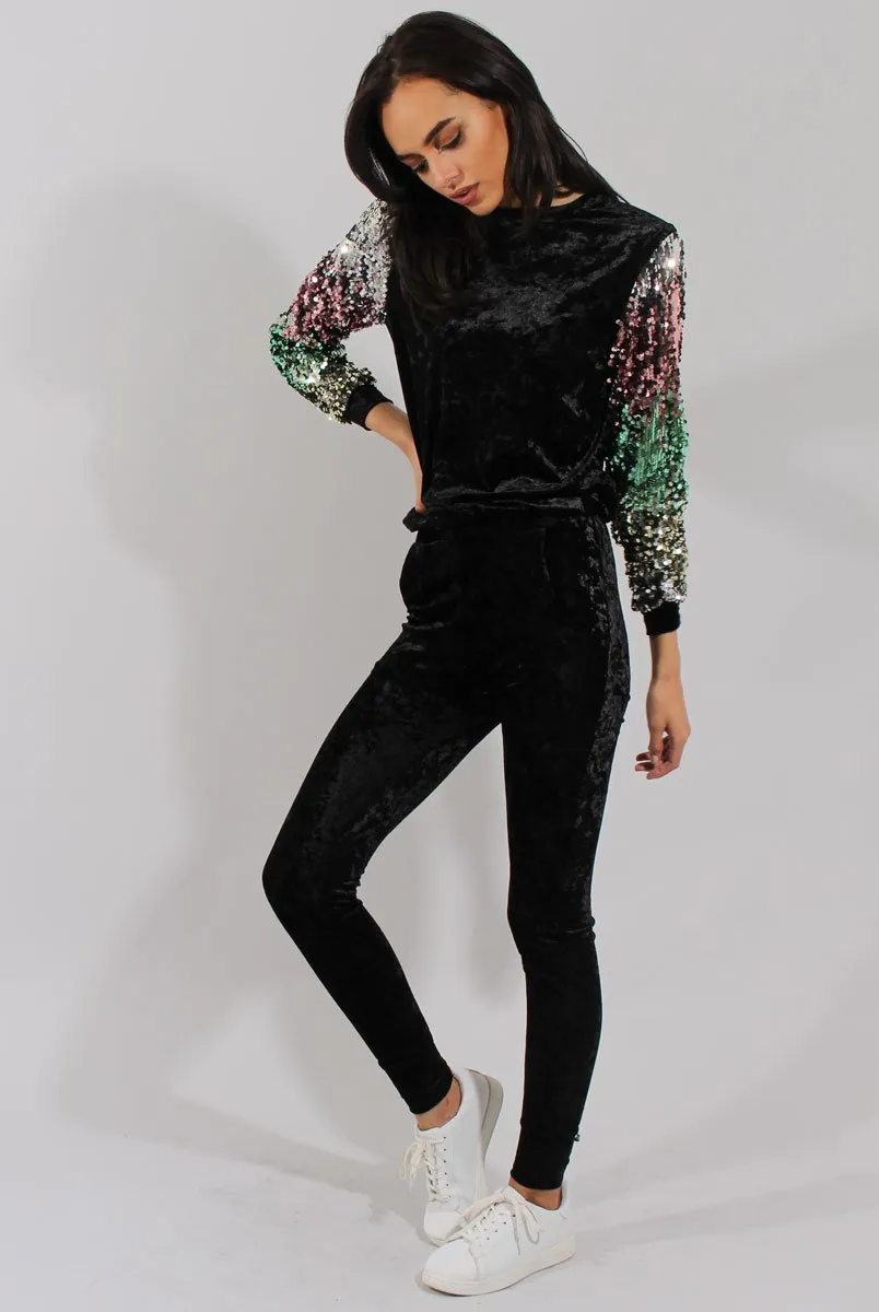 Black Crushed Velvet Sequined Tracksuit - Rosita