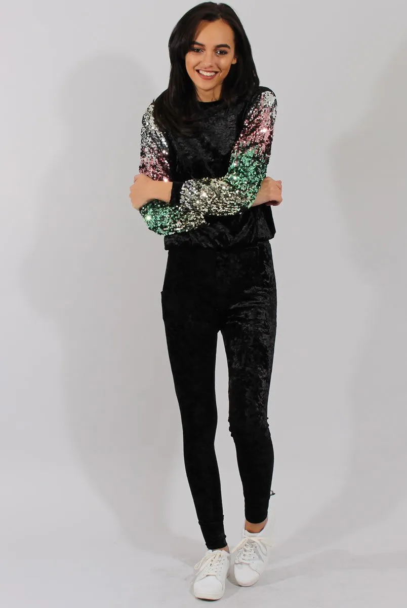 Black Crushed Velvet Sequined Tracksuit - Rosita