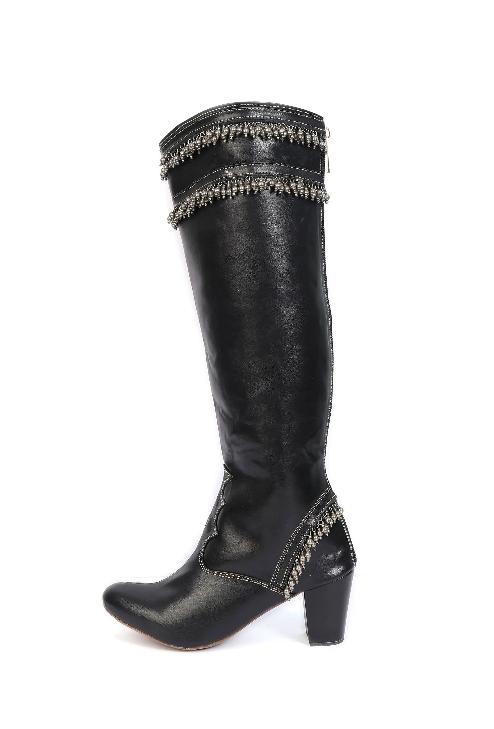 Black Ghungroo Cruelty Free Leather Long Boots