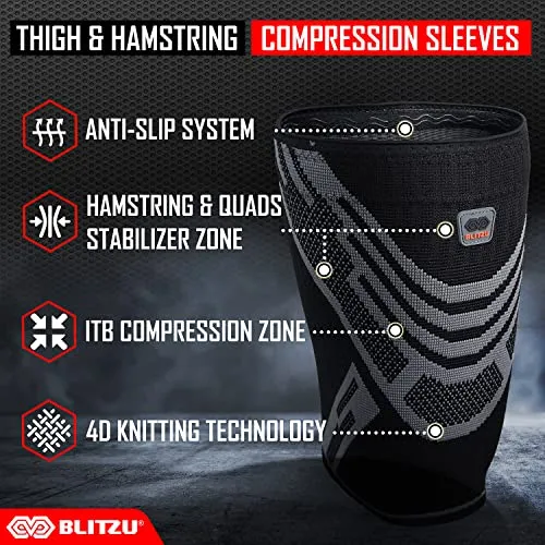 BLITZU Thigh Compression Sleeves (Pair) Quad, Groin and Hamstring Support. Upper Leg Sleeves for Men Women. Thigh Braces for Thigh Pain. Upper Thigh Wrap for Pulled Muscle Relief BLUE, S