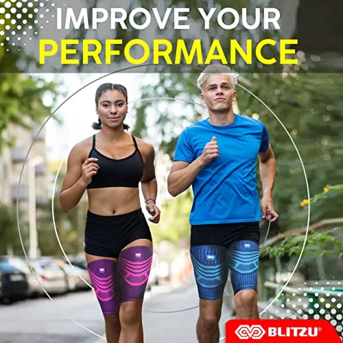 BLITZU Thigh Compression Sleeves (Pair) Quad, Groin and Hamstring Support. Upper Leg Sleeves for Men Women. Thigh Braces for Thigh Pain. Upper Thigh Wrap for Pulled Muscle Relief BLUE, S