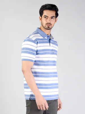 Blue & White Striped Slim Fit Polo T-shirt | Greenfibre