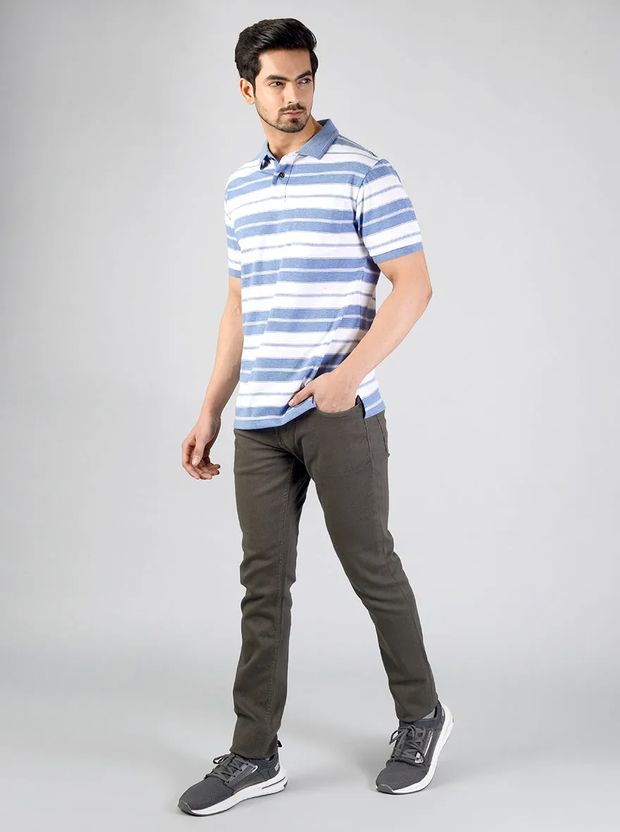 Blue & White Striped Slim Fit Polo T-shirt | Greenfibre