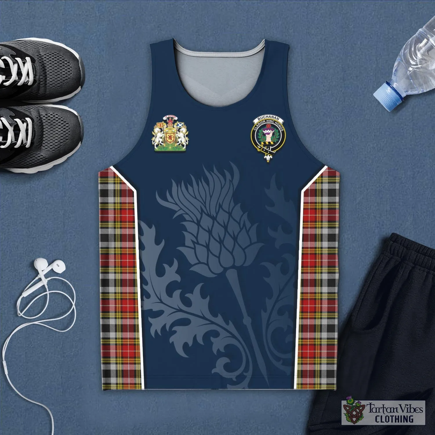 Buchanan Old Dress Tartan Men's Tanks Top with Family Crest and Scottish Thistle Vibes Sport Style