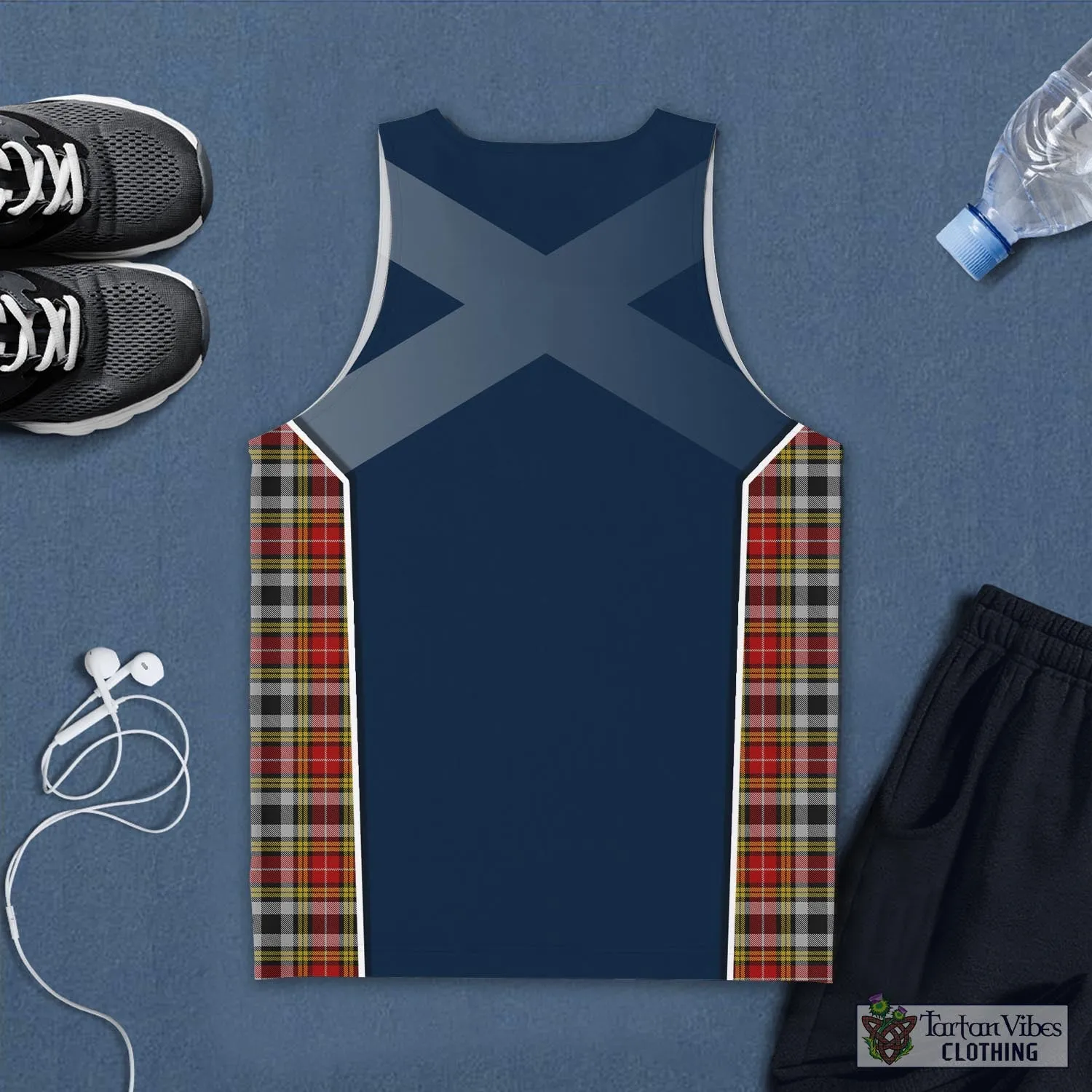 Buchanan Old Dress Tartan Men's Tanks Top with Family Crest and Scottish Thistle Vibes Sport Style