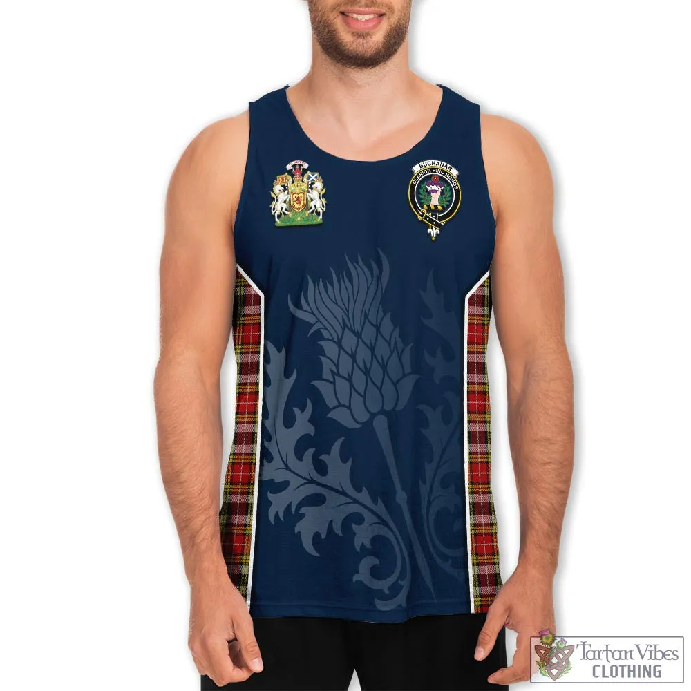 Buchanan Old Dress Tartan Men's Tanks Top with Family Crest and Scottish Thistle Vibes Sport Style