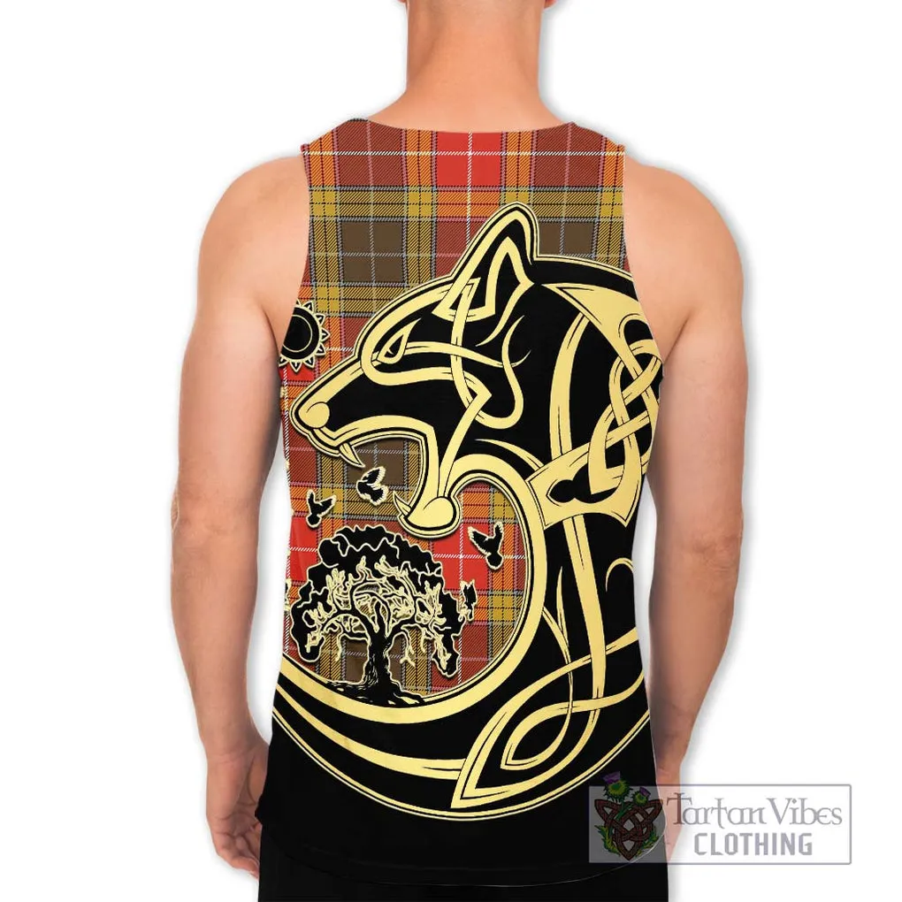 Buchanan Old Set Weathered Tartan Men's Tank Top with Family Crest Celtic Wolf Style