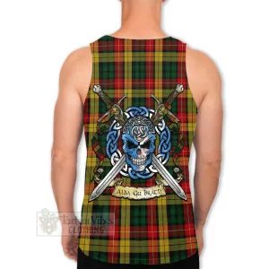 Buchanan Tartan Men's Tank Top with Family Crest Celtic Skull Style