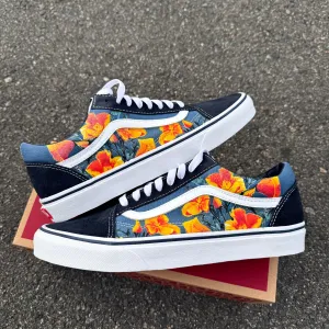 California Poppy Flowers on Navy Vans Old Skool Shoes