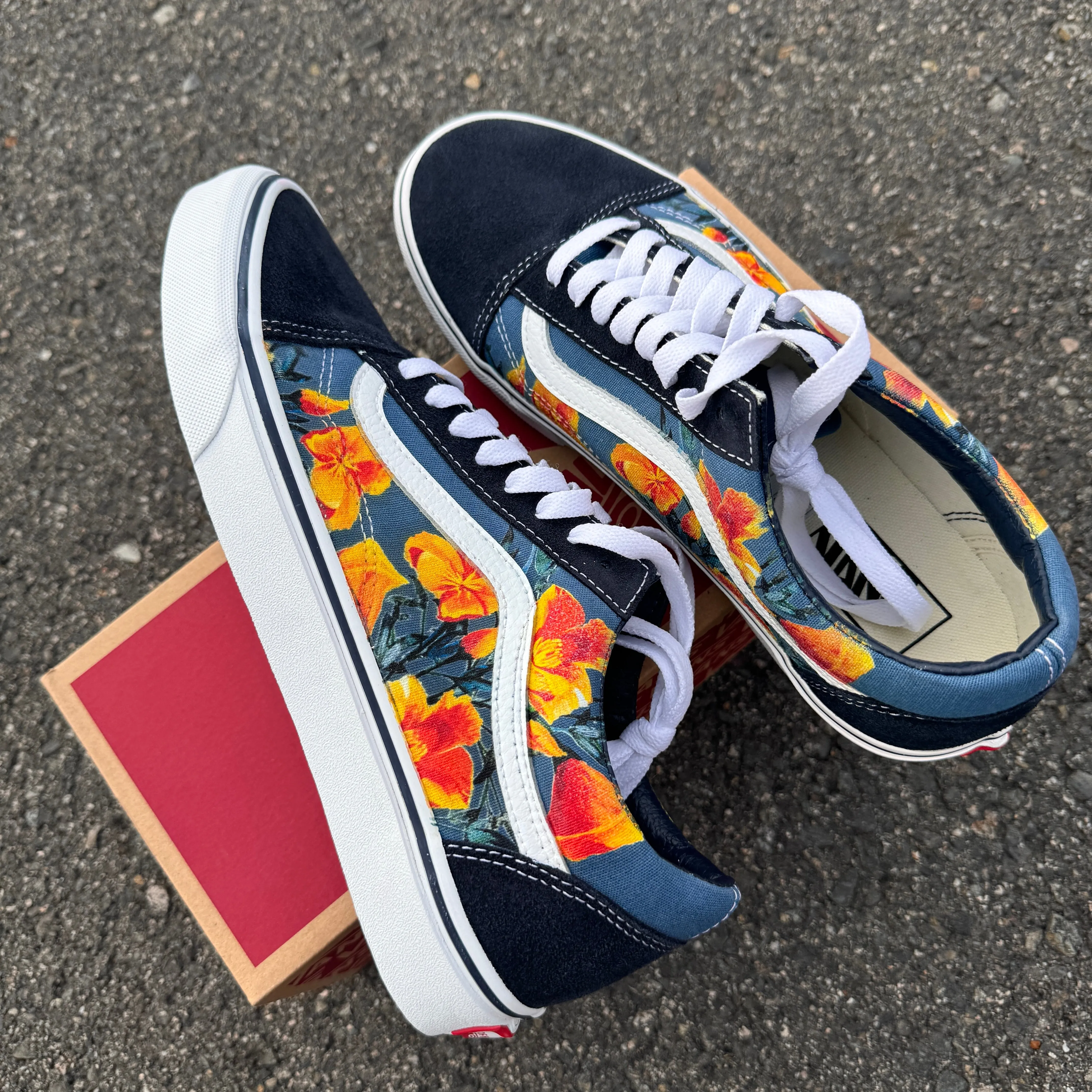 California Poppy Flowers on Navy Vans Old Skool Shoes