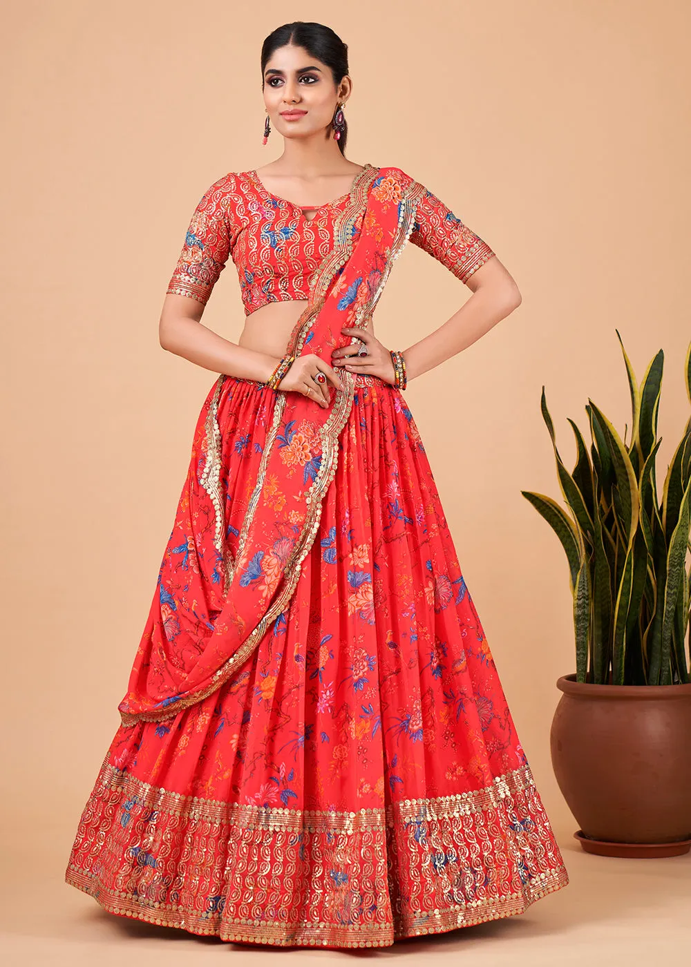 Captivating Bright Red Floral Printed Georgette Lehenga Choli