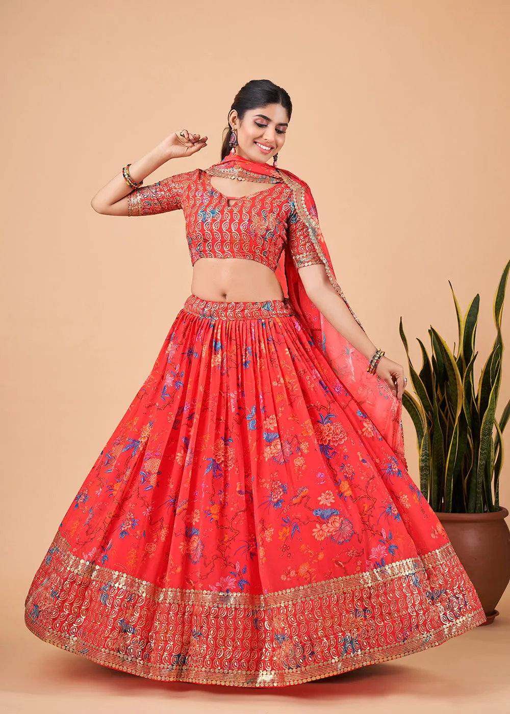 Captivating Bright Red Floral Printed Georgette Lehenga Choli