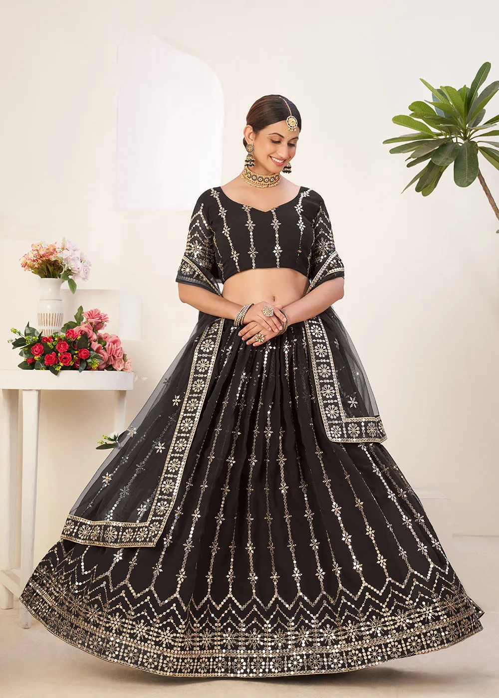 Charming Black Bordered Sequins Sangeet Wear Lehenga Choli