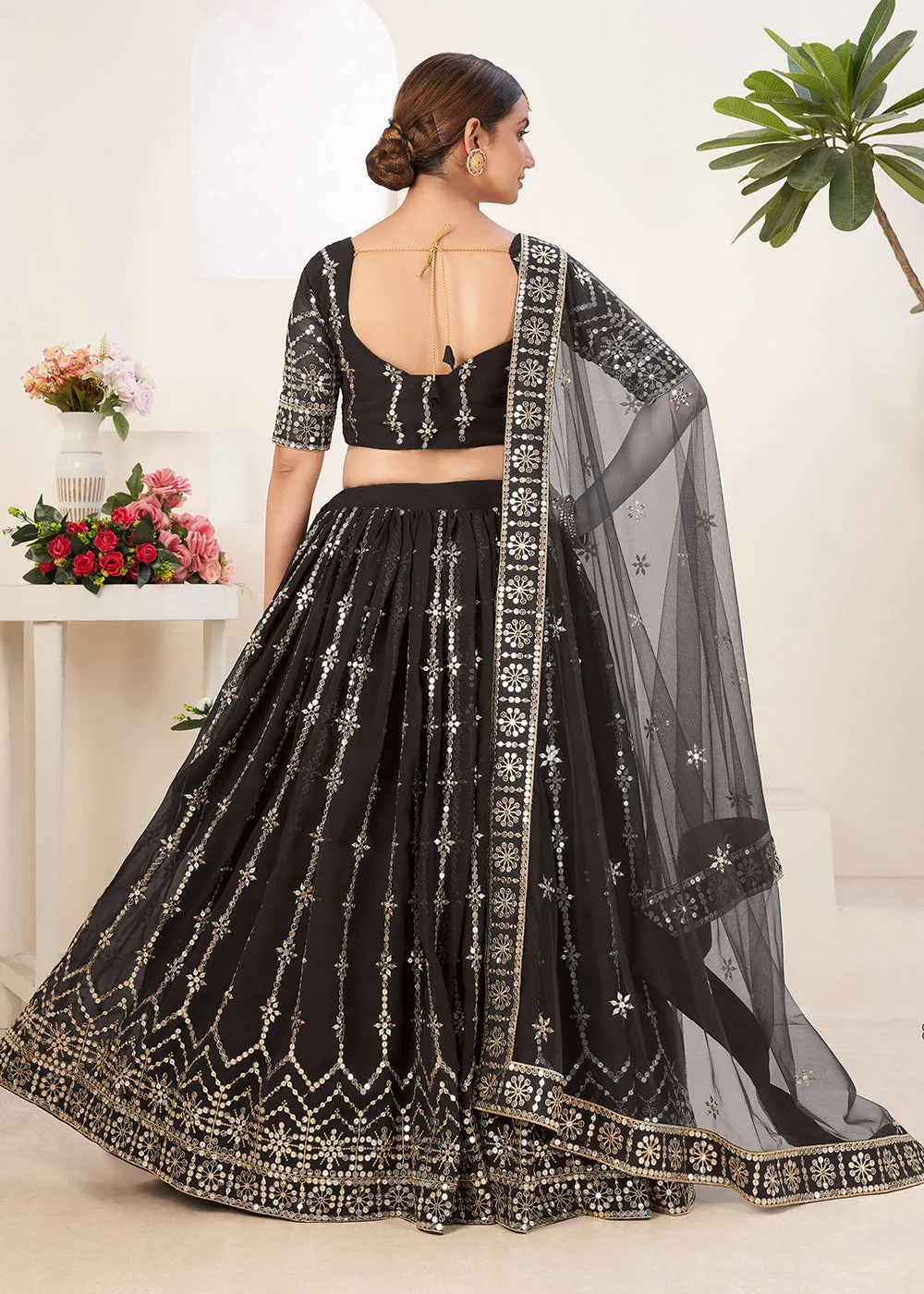 Charming Black Bordered Sequins Sangeet Wear Lehenga Choli