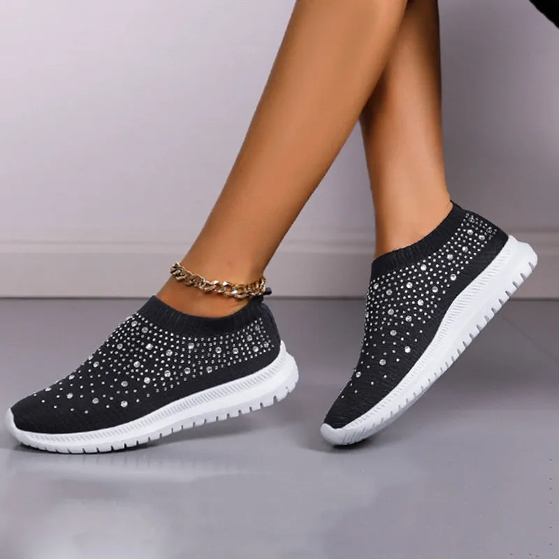 Crystal Breathable Mesh Sneaker Shoes for Women Comfortable Soft Bottom Flats Plus Size Non Slip Casual Shoes