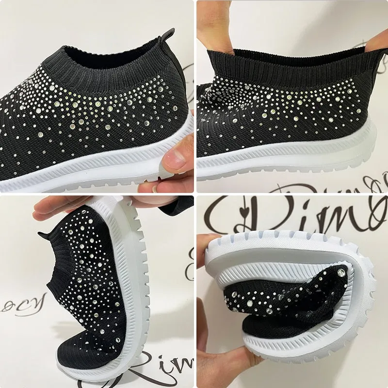 Crystal Breathable Mesh Sneaker Shoes for Women Comfortable Soft Bottom Flats Plus Size Non Slip Casual Shoes