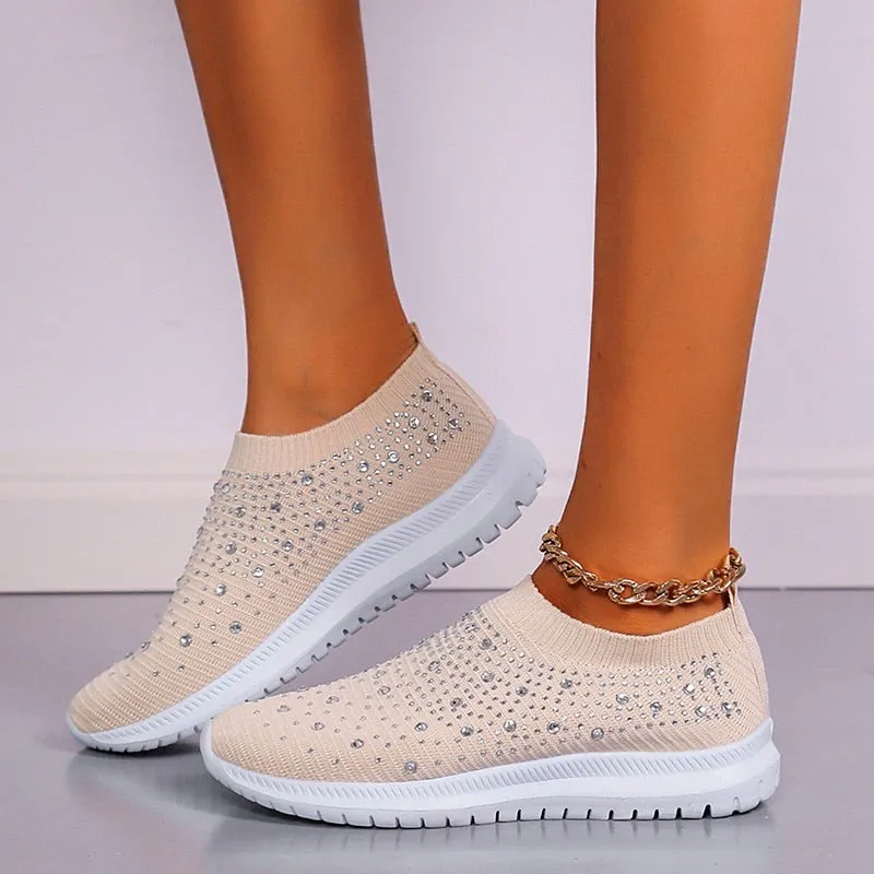 Crystal Breathable Mesh Sneaker Shoes for Women Comfortable Soft Bottom Flats Plus Size Non Slip Casual Shoes