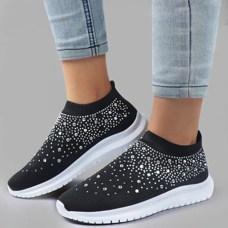 Crystal Breathable Mesh Sneaker Shoes for Women Comfortable Soft Bottom Flats Plus Size Non Slip Casual Shoes