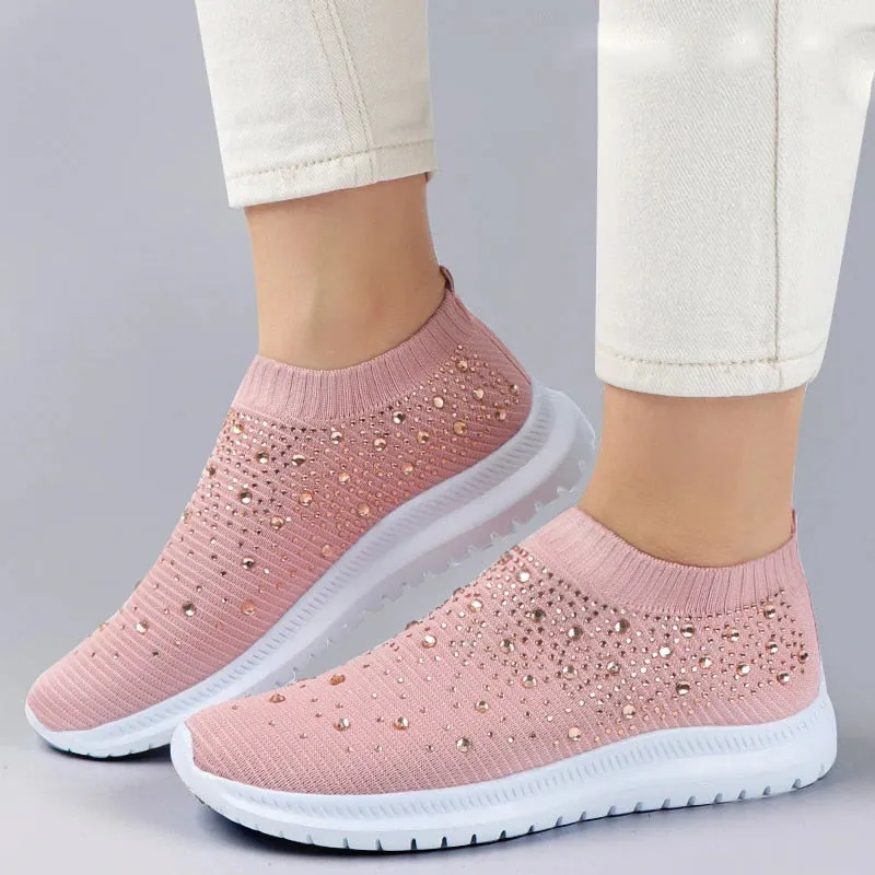 Crystal Breathable Mesh Sneaker Shoes for Women Comfortable Soft Bottom Flats Plus Size Non Slip Casual Shoes