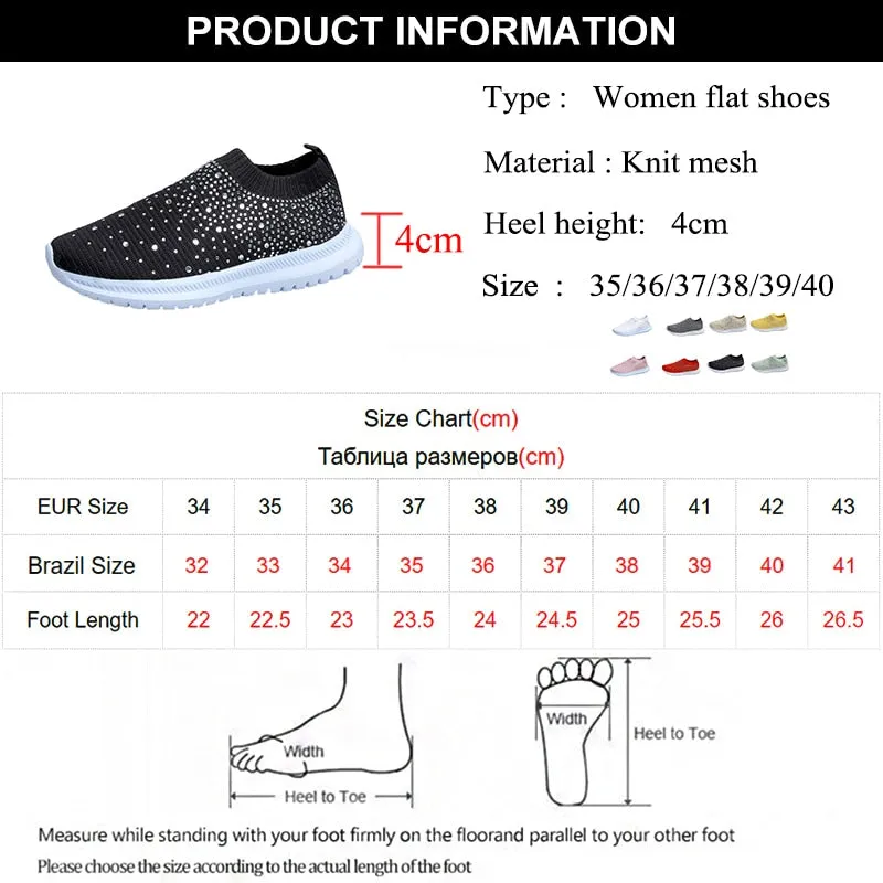 Crystal Breathable Mesh Sneaker Shoes for Women Comfortable Soft Bottom Flats Plus Size Non Slip Casual Shoes