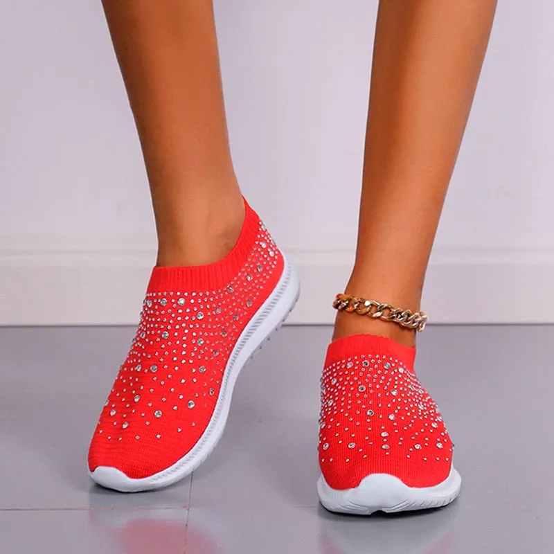 Crystal Breathable Mesh Sneaker Shoes for Women Comfortable Soft Bottom Flats Plus Size Non Slip Casual Shoes