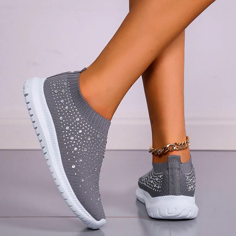 Crystal Breathable Mesh Sneaker Shoes for Women Comfortable Soft Bottom Flats Plus Size Non Slip Casual Shoes