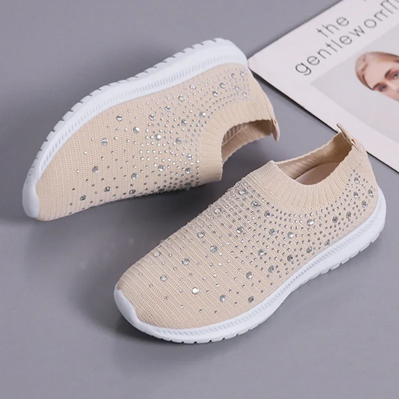 Crystal Breathable Mesh Sneaker Shoes for Women Comfortable Soft Bottom Flats Plus Size Non Slip Casual Shoes