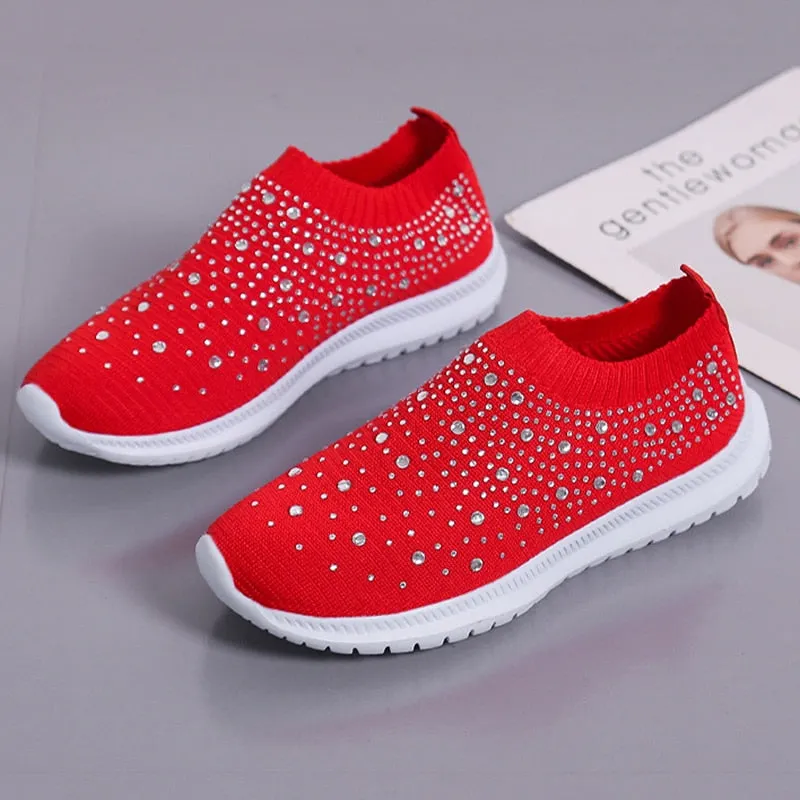 Crystal Breathable Mesh Sneaker Shoes for Women Comfortable Soft Bottom Flats Plus Size Non Slip Casual Shoes