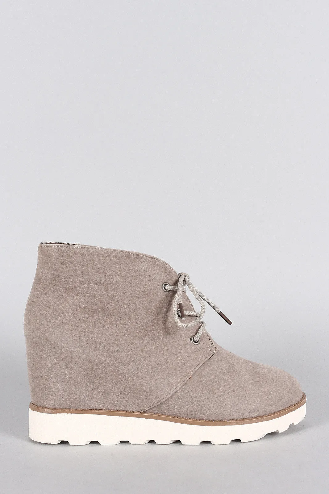 Dollhouse Suede Round Toe Lace Up Desert Wedge Booties