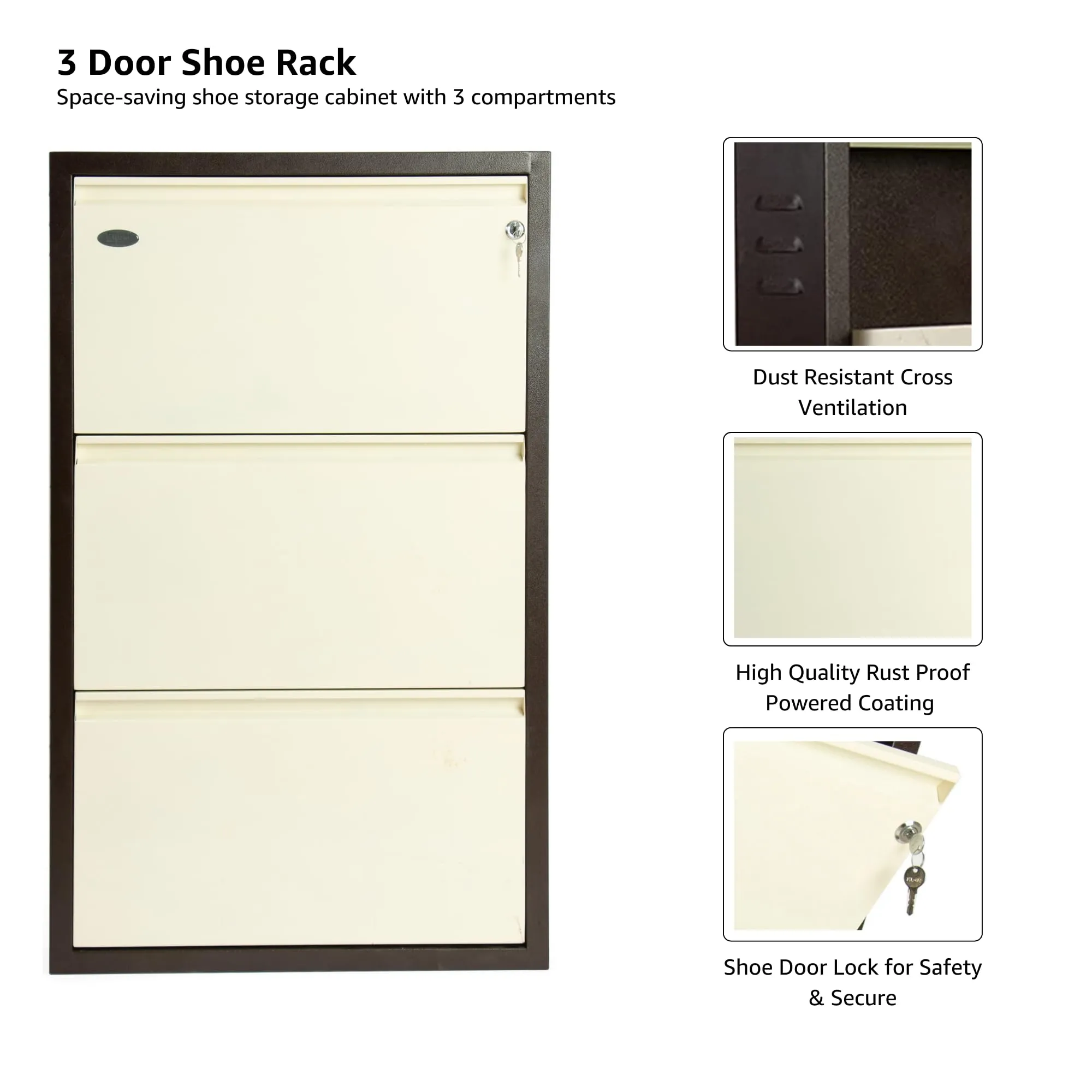 EQUAL 3 Door Mild Steel Shoe Rack for Home | Wall Mounted Metal Shoe Rack | 3 Year Warranty | Chappal Stand Organizer with Lock (15 x 65.5 x 98cm - White & Brown)