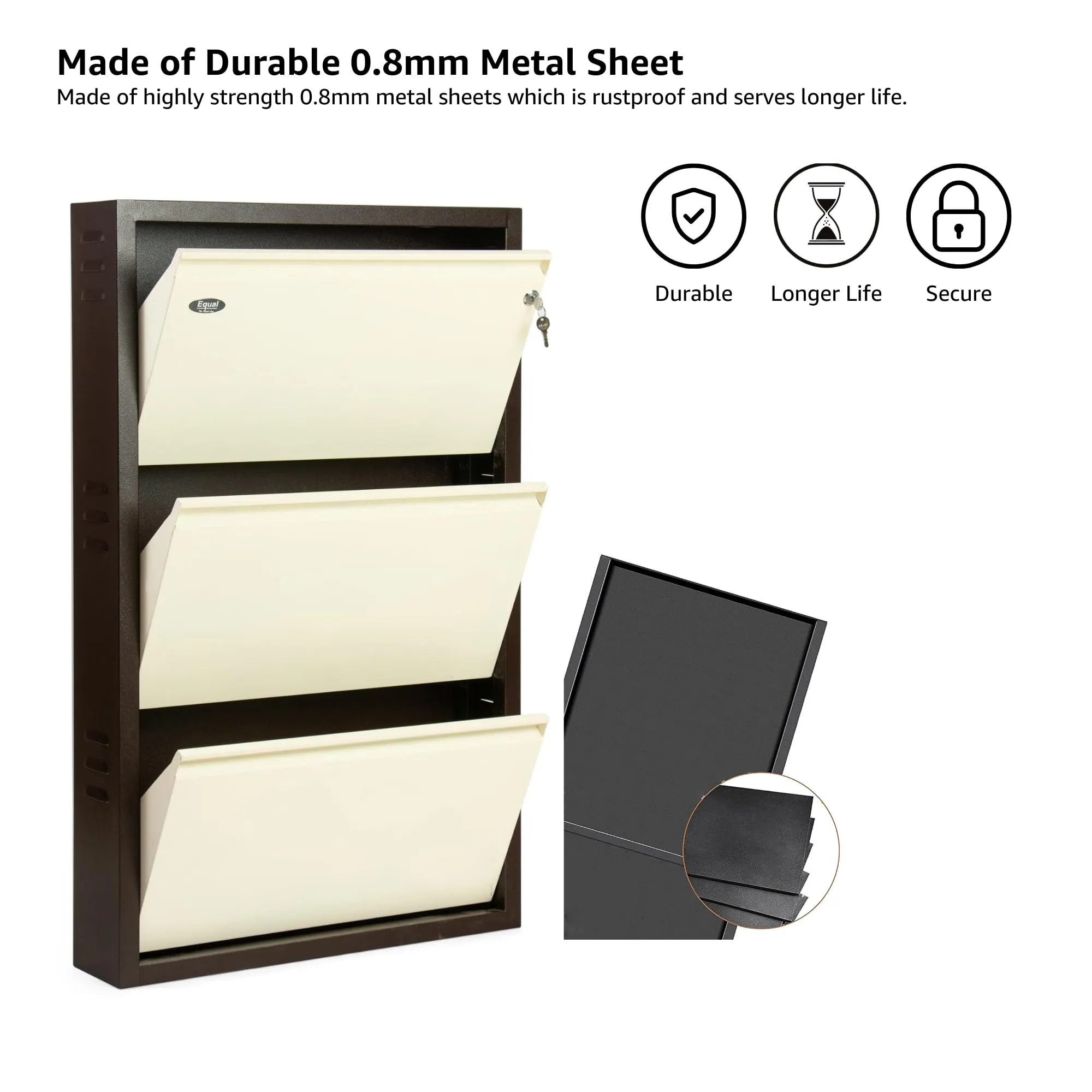 EQUAL 3 Door Mild Steel Shoe Rack for Home | Wall Mounted Metal Shoe Rack | 3 Year Warranty | Chappal Stand Organizer with Lock (15 x 65.5 x 98cm - White & Brown)