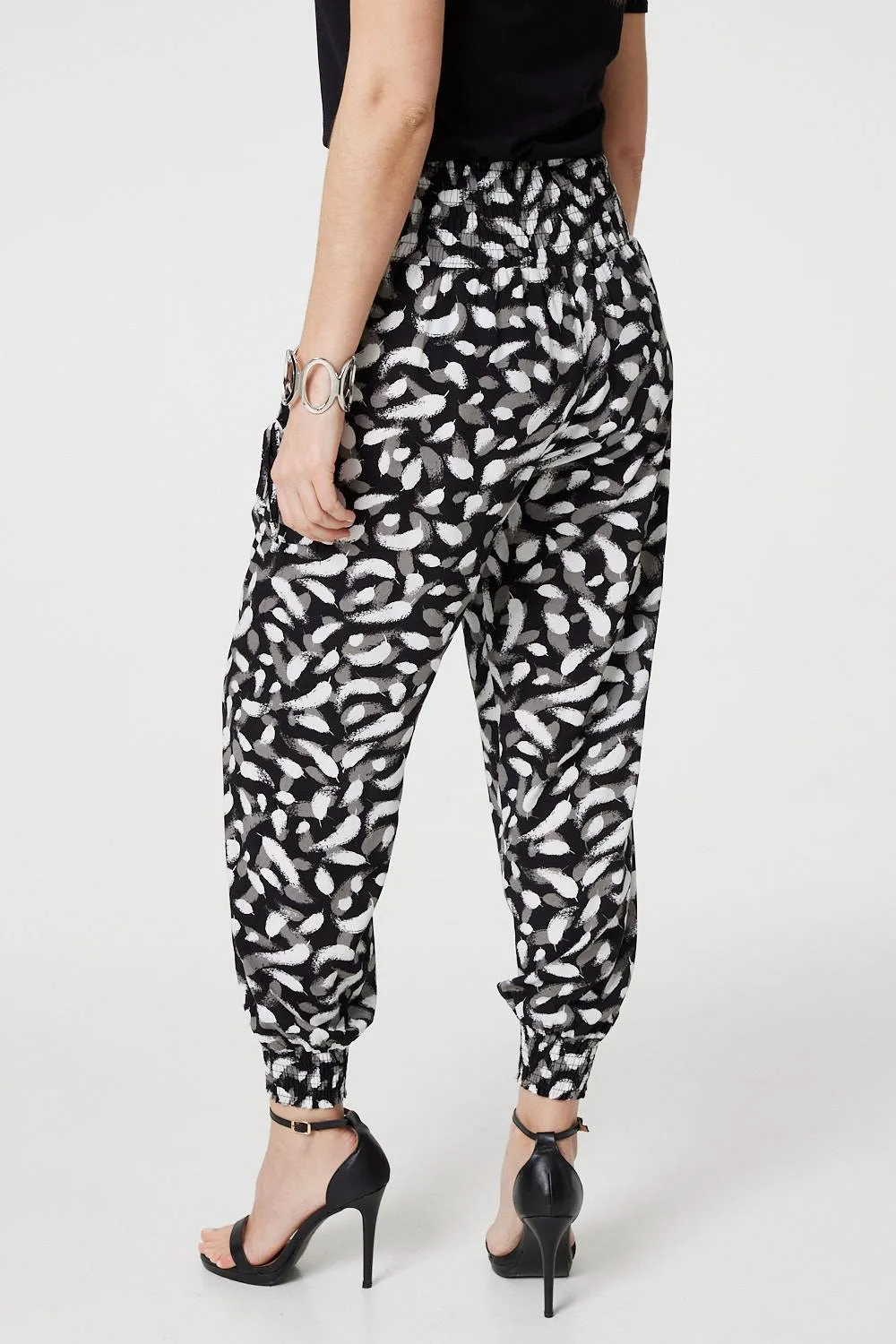 Feather Print Harem Pants with Pockets